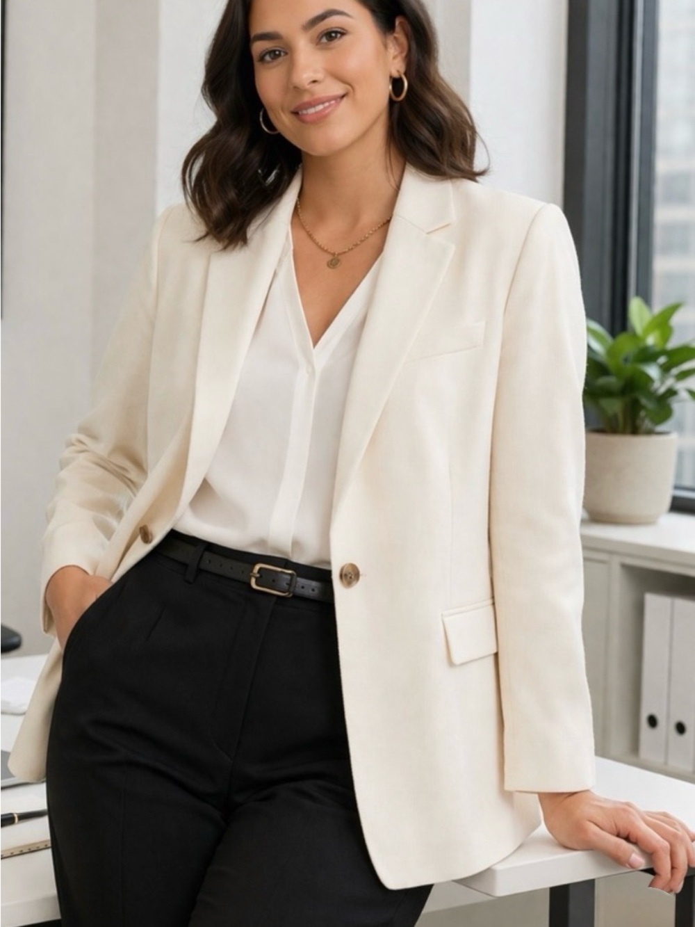 LOFT Cream Single-Button Tailored Blazer